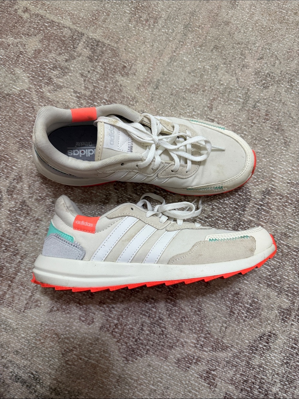 adidas Women’s White Sneakers with Coral & Mint Accents